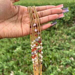 Gold Maasai micro glass bead African waist beads with pearls and purple beads